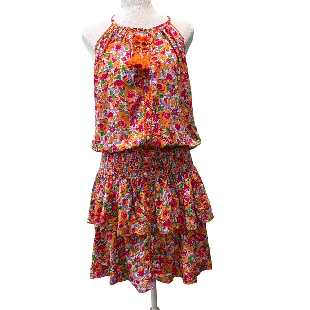 Poupette St Barth Kimi Mini Dress‎ Womens Large Orange Rose Floral Boho Resort